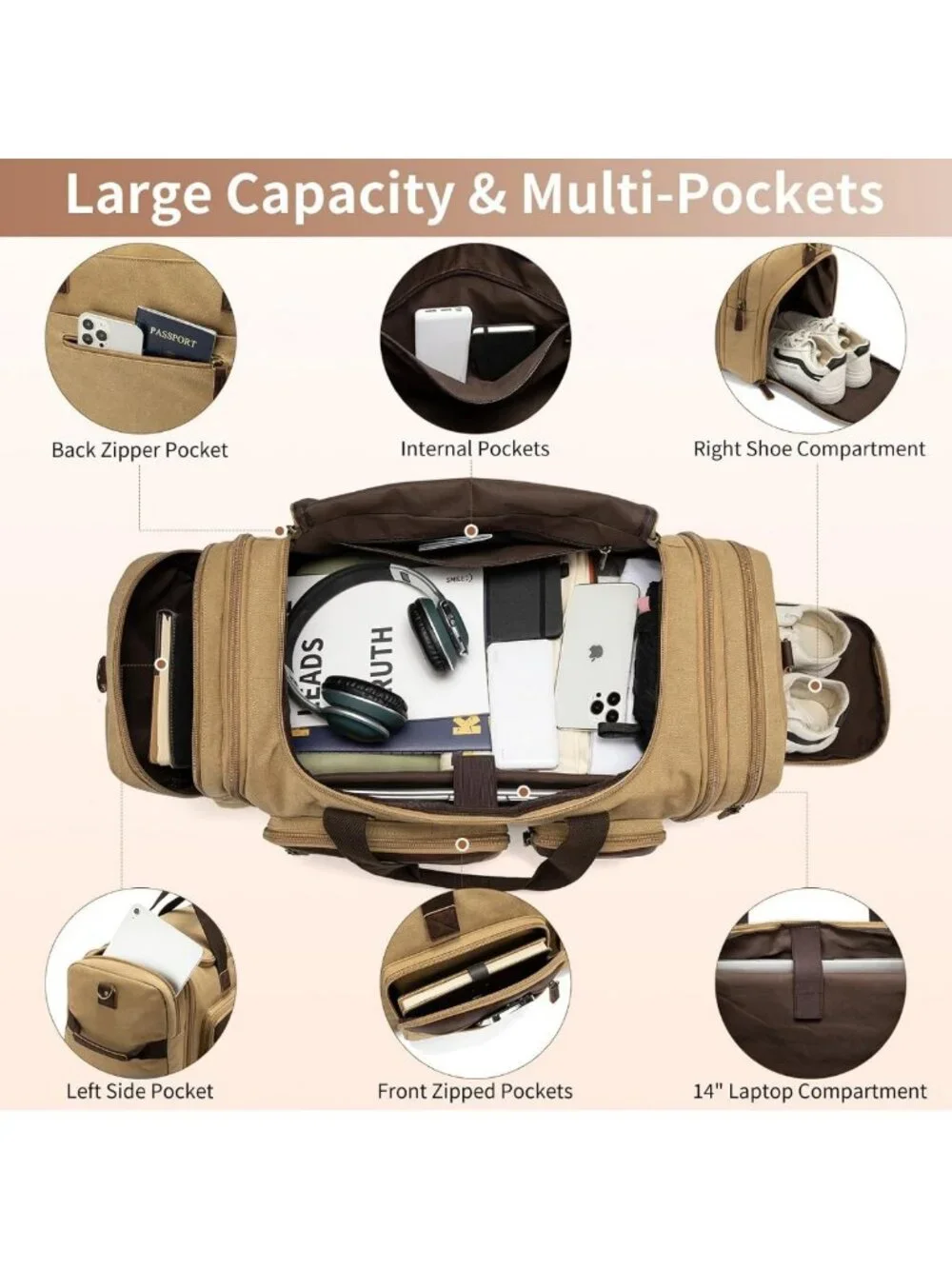 Spacious 60L Canvas Duffle Bag for Travel, Expandable Overnight Weekender Bag